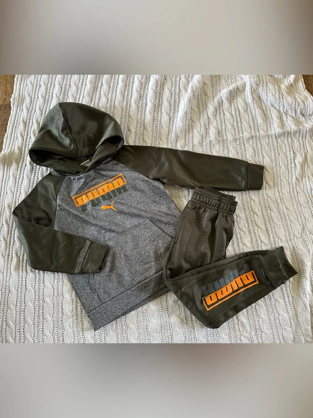 Puma Olive and Gray Two-Piece Set with Orange Logo - Picture 1 of 3